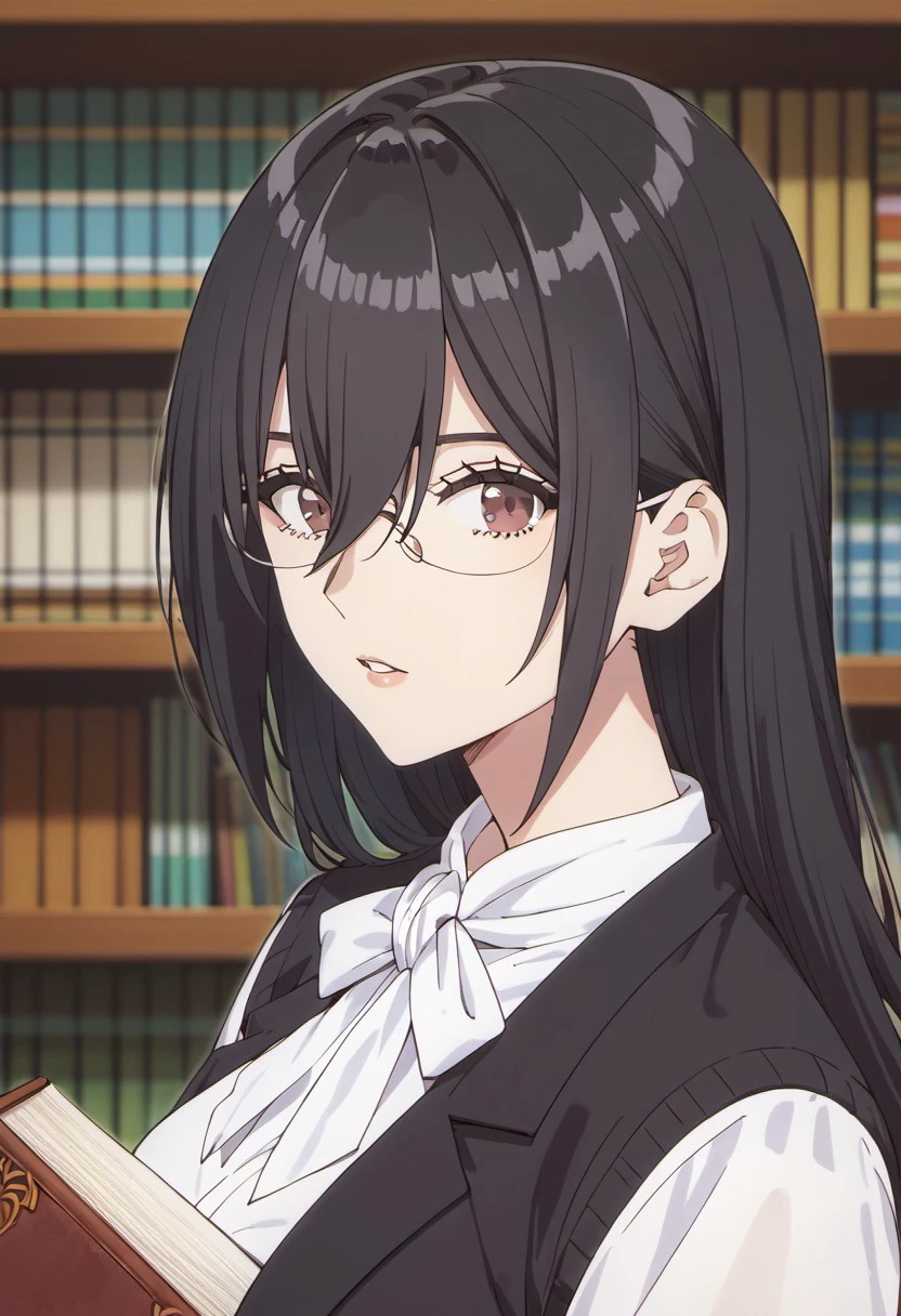 score_9, score_8_up, score_7_up, source_anime,hanyu mayuri, 1girl, solo, glasses, black hair, bookshelf, long hair, hair between eyes, looking at viewer, portrait, parted lips, brown eyes, book