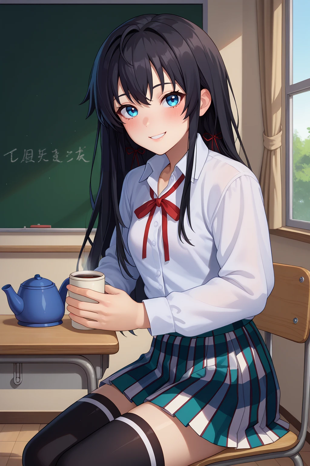 score_9, score_7_up, source_anime, cowboy shot, looking at viewer, smile, blush, yno, small breasts, black hair, blue eyes, long hair, hair ribbon, red ribbon, white collared shirt, red neck ribbon, plaid skirt, pleated skirt, black thighhighs, sitting, indoors, on chair, table, classroom, teacup, electric kettle, book, window, <lora:Hoseki_Oregairu_YukinoYukinoshita_PDXL_v1:1>