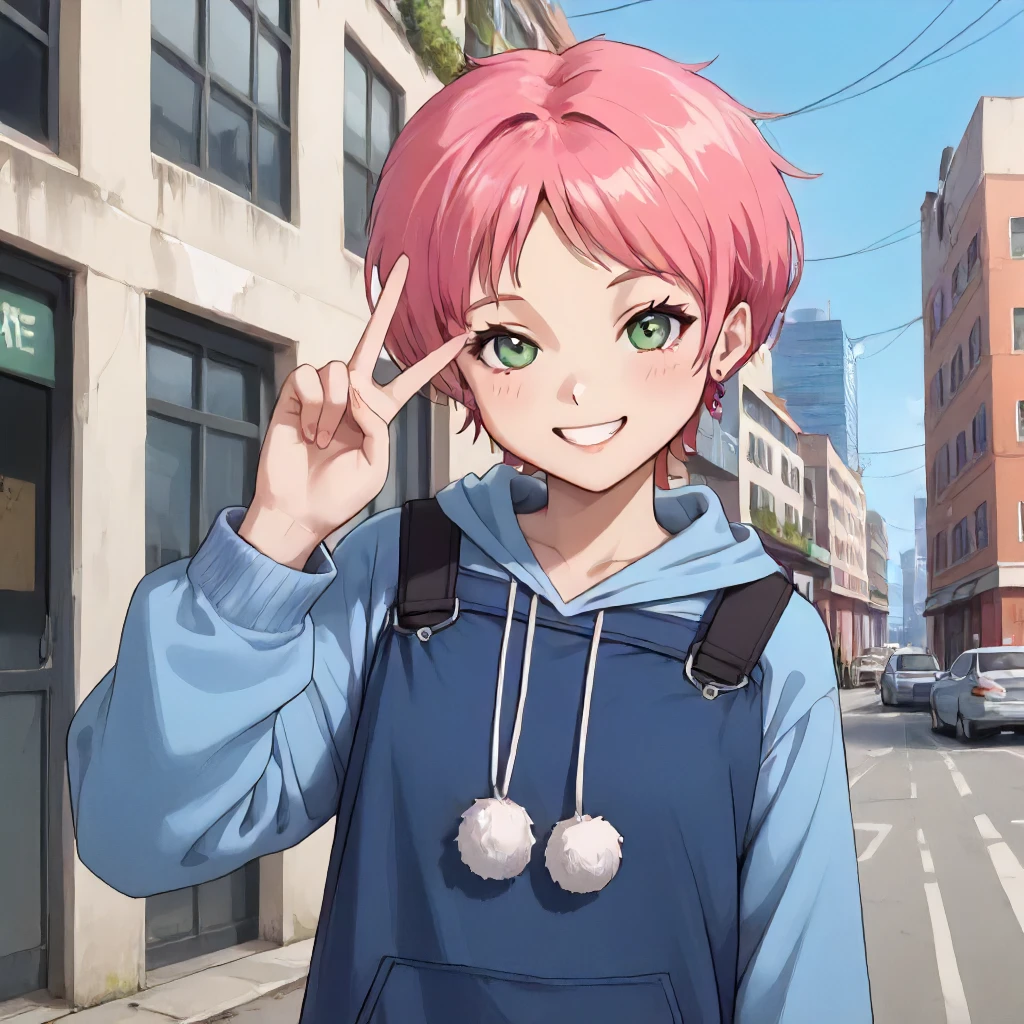 cla3lita, solo, smile,  <lora:Character CL Aelita Schaeffer:1> cowboy shot, blue hoodie, looking at viewer, peace sign, score_9, score_8_up, score_7_up, score_6_up, score_5_up, score_4_up, masterpiece, detailxl. BREAK