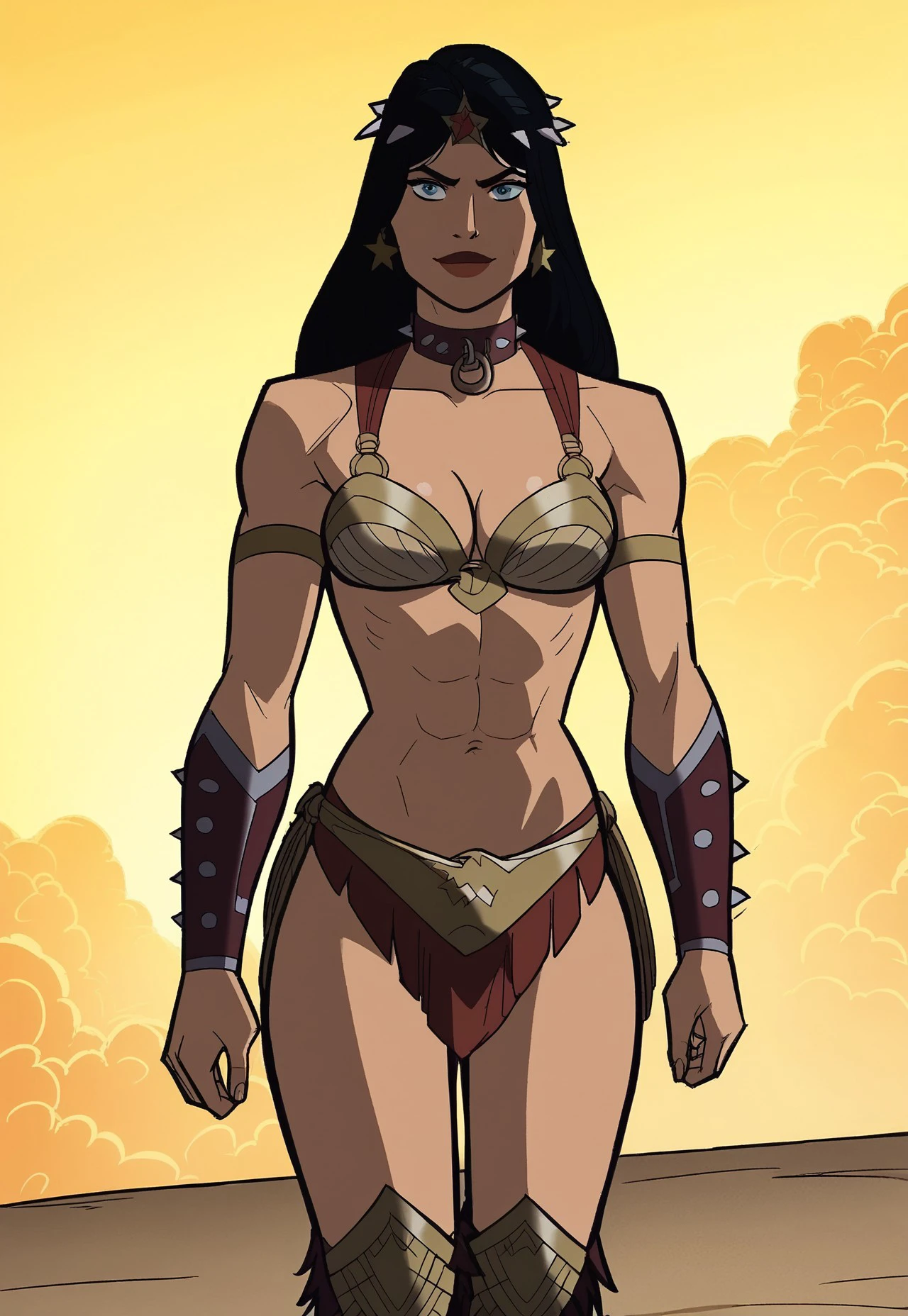 safe_pos, score_9, score_8_up, score_7_up, score_6_up, score_5_up, score_4_up, cartoon,animated,drawing,cowboy shot,1girl, wonderwoman, bikini armor, spikes, earrings, collar, armlet, jewelry, battle boots, medium breasts, full body, cleavage, muscular:0.7, looking at viewer,smile,loincloth,sexy,wide hips