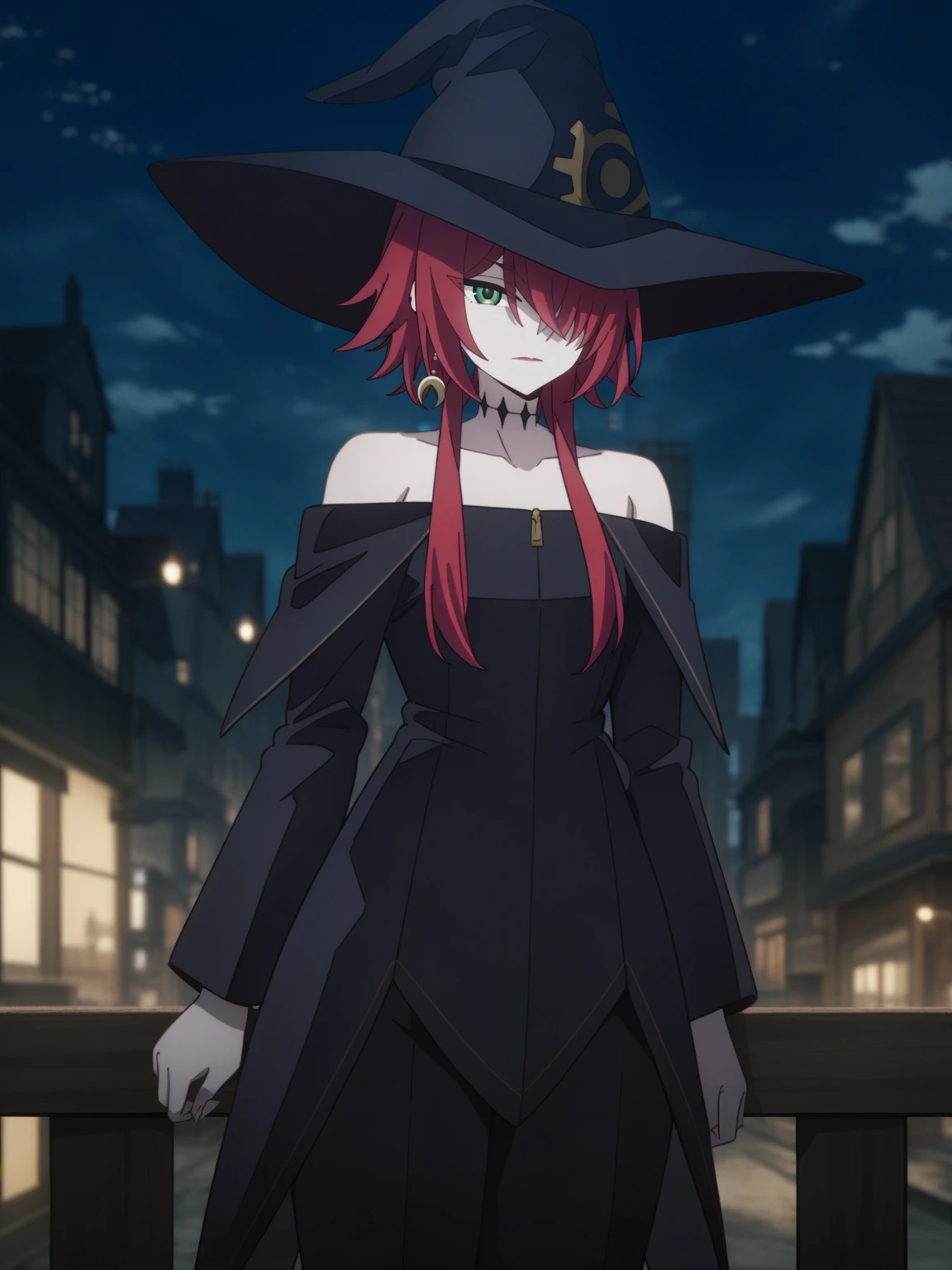 <lora:Crimson-DoRA_V1:0.85>
very aesthetic, newest, best quality, masterpiece, absurdres, crm, expressionless, looking at viewer, hair over one eye, single earring, black dress, bare shoulders, black pants, black headwear, witch hat, cowboy shot, city