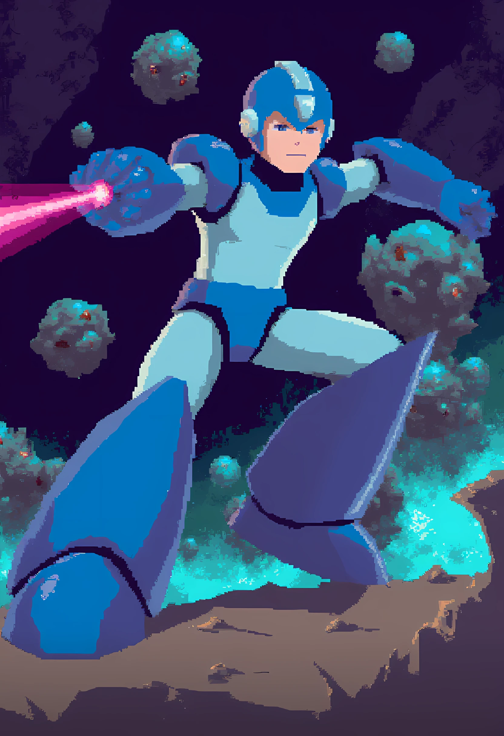 ootwstyle, Megaman firing his arm laser at a monster.