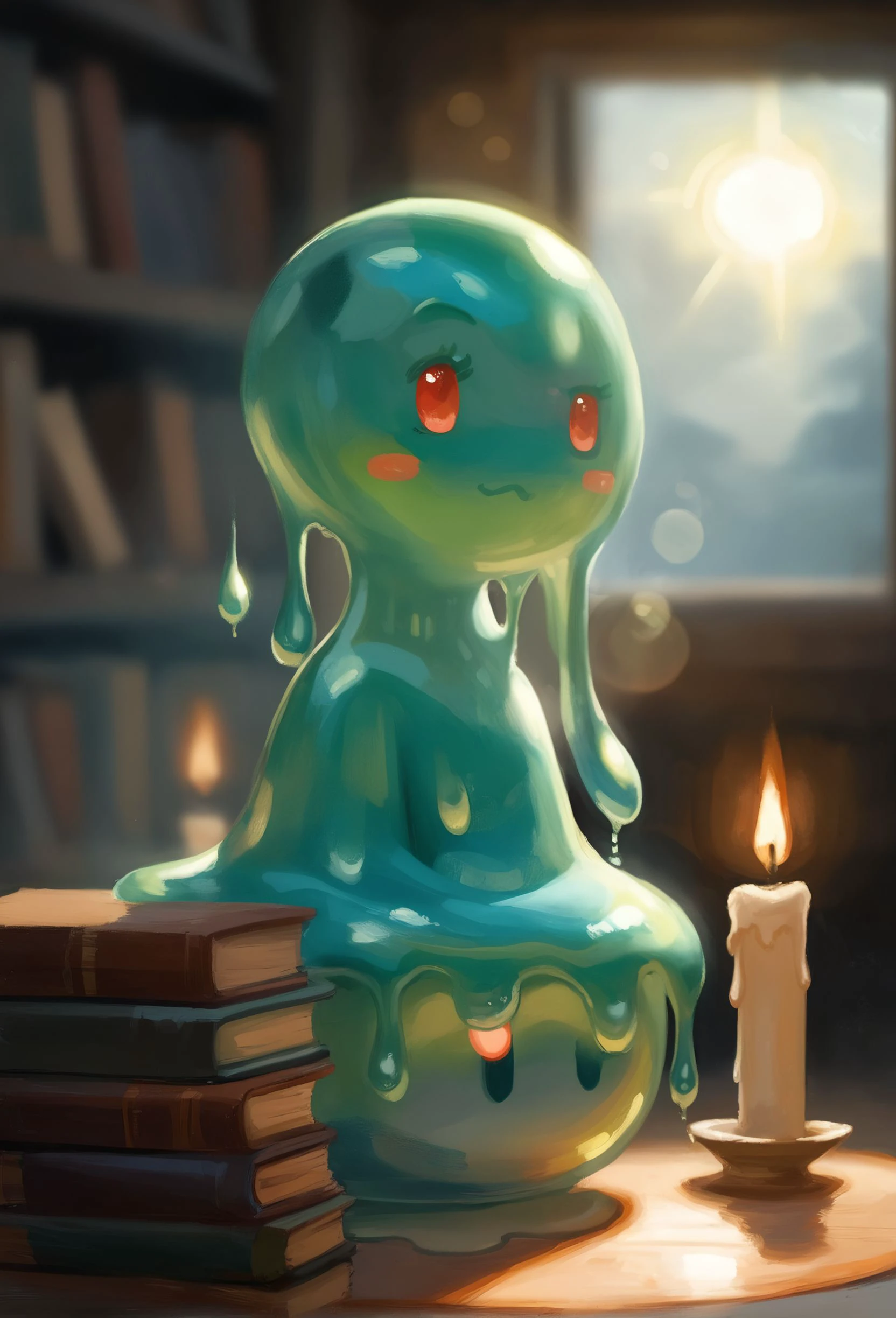 (((score_9), score_8_up), score_7_up),
BREAK
blurry background, lens flare, god rays, specular reflection, slime, candle elemental, dripping, white slimegirl, libary, books, translucid, dripping, melting,