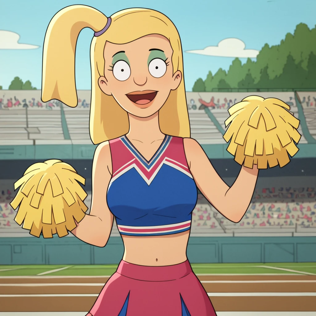 score_9, score_8_up, score_7_up, 1girl, blonde hair, side ponytail, makeup, medium breasts, narrow waist, wide hips, looking at viewer, cheerleader, midriff, pom pom \(cheerleading\), highres, high quality, masterpiece, <lora:Tammy_Larsen:1>