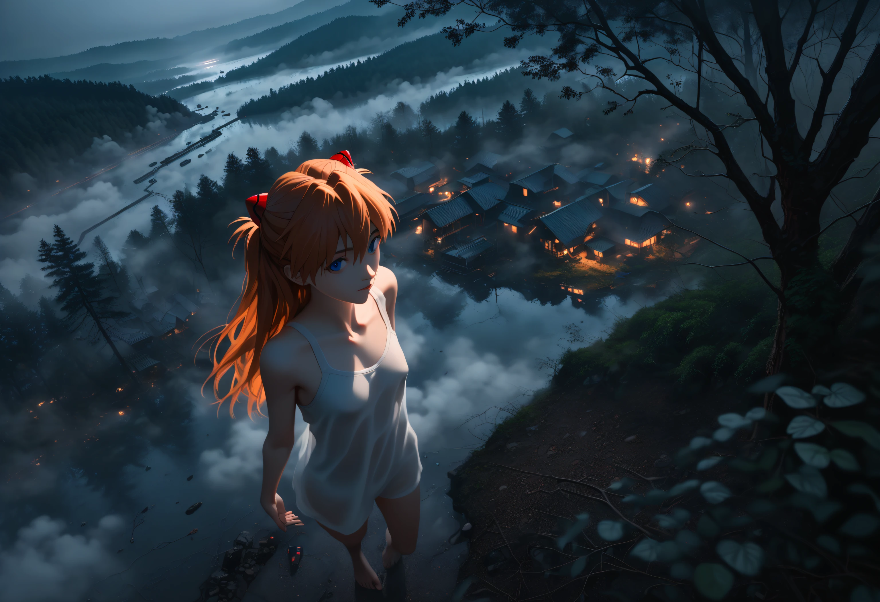 score_9, score_8_up, score_7_up, 1girl, souryuu_asuka_langley, neon_genesis_evangelion, blue_eyes, orange_hair, high-angle view, frontbend, outdoors, neural network, embedding:l4k3