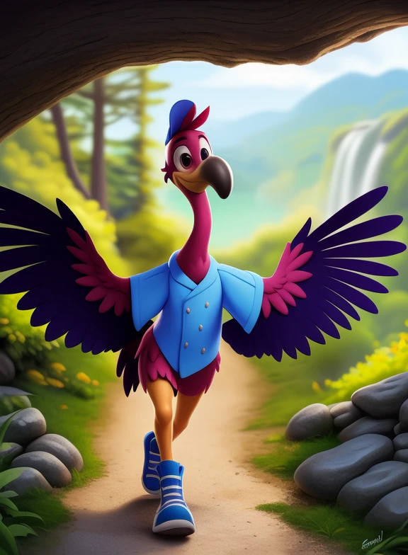 <lora:FreddyTinOneTraYif:1> FreddyTinOneTra, flamingo, bird, arms wings, brown eyes, yellow legs, yellow colyuv, coral pink, blue shirt, gray buttons, high-top dark blue sneakers, light blue cap,
[  solo, nature, forest, day, clouds, waterfall,  smile,] (solo focus, )(walking, view from above,)
(beautiful, aesthetic, perfect, delicate, intricate, saturated colors), masterpiece, digital drawing, best quality,
by ulitochka, by taran fiddler, by Silverfox5213, by personalami,