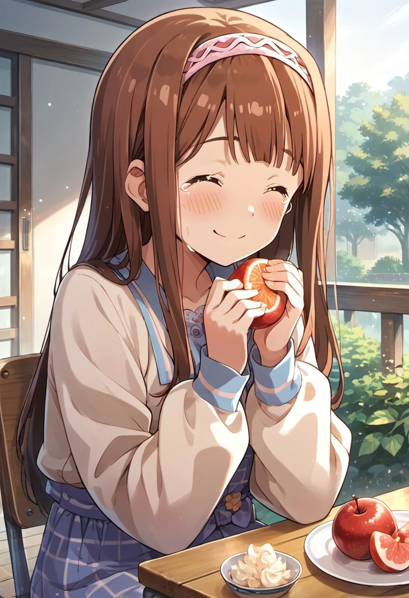 score_9, score_8_up, score_7_up, source_anime,tanaka kotoha, brown hair, long hair, brown eyes, 1girl, closed eyes, smile, hairband, tears, solo, ^ ^, food, sitting, fruit, blush