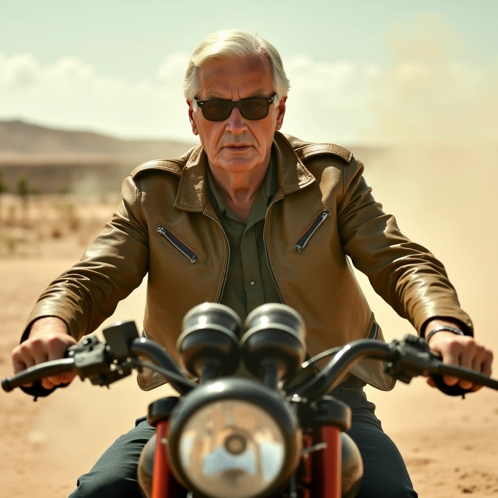 Mad Max movie shot, post apocalyptic, a upper body portrait of 75 years old man Michel Barnier wearing torn old dry leather jacket, sunglasses, in a desert, riding a motorcycle, depth of field, dust, particles,
