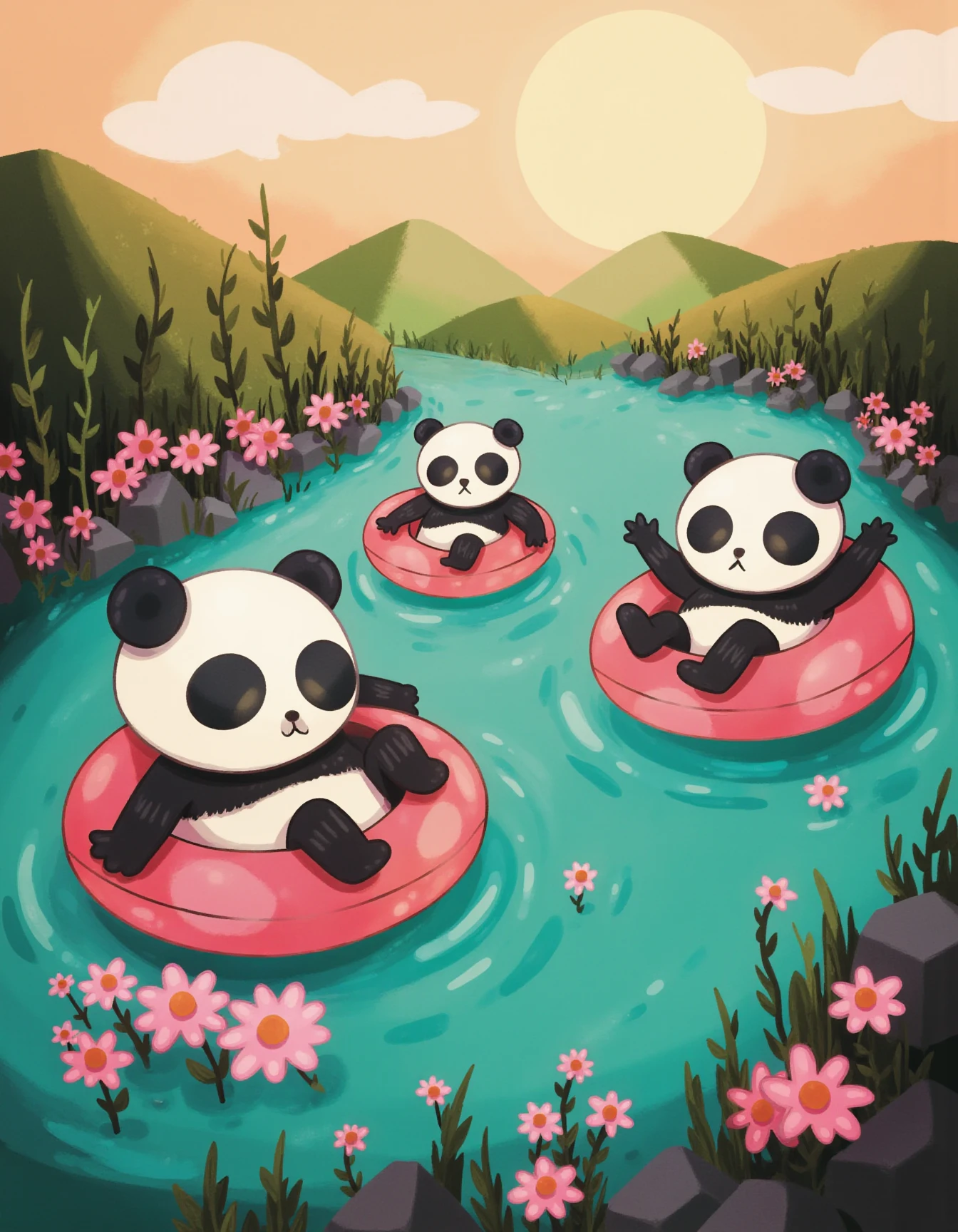 whimsyglo style image of a  serene and playful scene of three pandas floating in a calm turquoise river. They are sitting inside bright pink inflatable rings, enjoying a relaxing time surrounded by pink flowers, both floating in the water and blooming along the shore. The backdrop features a soft sunset sky with hues of orange and pink, and distant green hills under a peaceful atmosphere. The overall mood is joyful and relaxing, with vibrant colors and a whimsical, nature-filled setting. <lora:Whimsyglo style_epoch_19:1>