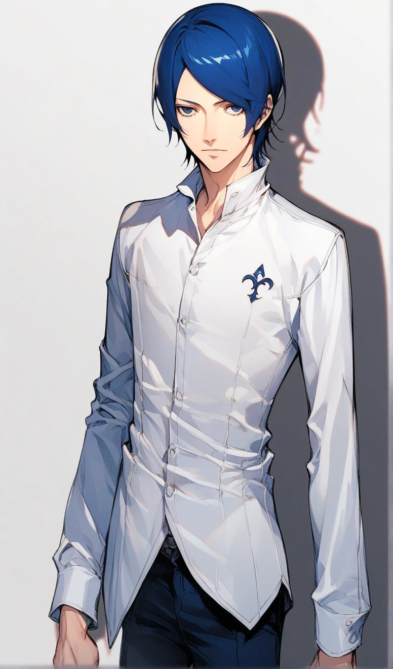 ,yusuke_kitagawa,1boy,male focus,solo,blue hair,blue eyes,white shirt,pants,long sleeves,standing,skinny,score_9,score_8_up,score_7_up,source_anime,simple background,white background,<lora:yusuke:0.9>