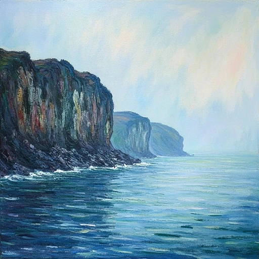 painting of a seascape with a rocky cliff in the background