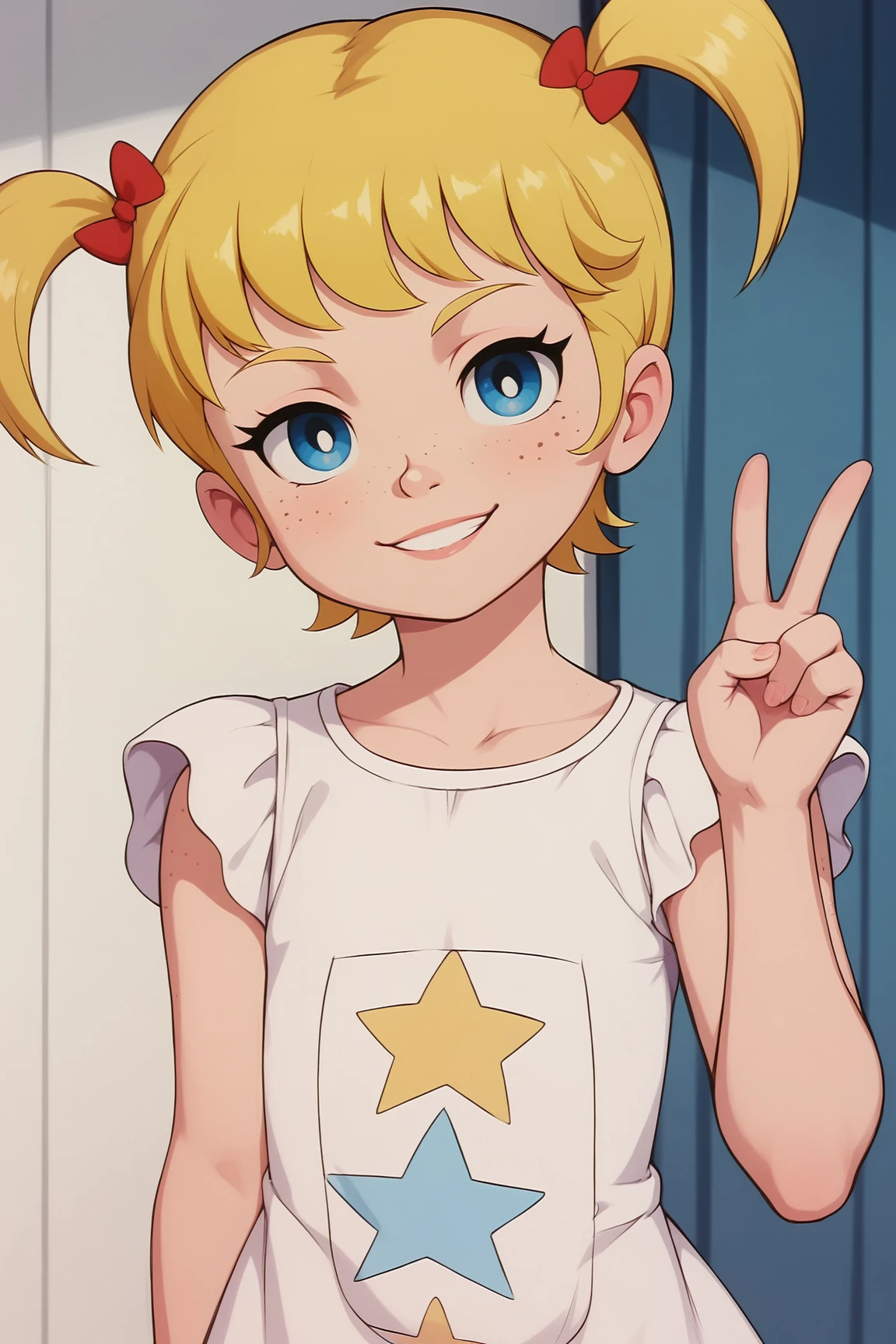 score_9, score_8_up, score_7_up, score_6_up, BREAK, ApoMMXL, blue eyes, blonde hair, short hair, bangs, twintails, red hair bow, freckles, flat chest, white dress, star print, short sleeves, solo, front view, peace sign, (portrait, upper body), solo focus, seductive smile, looking at viewer, indoors <lora:ApoMMXL:1>