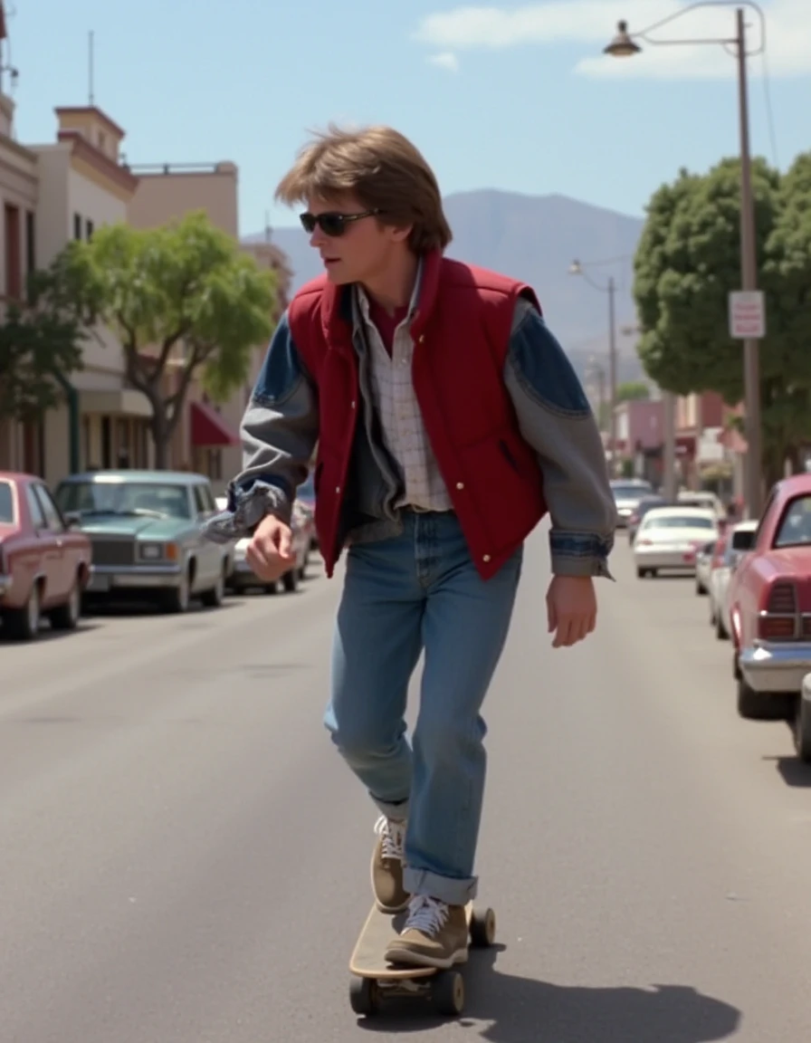 Marty McFly skateboarding through 1985 Hill Valley, red vest, aviator sunglasses, fast-paced movement, small town backdrop, 80s nostalgia, inspired by Steven Spielberg films, carefree attitude, dynamic motion, high-res, action-packed scene.