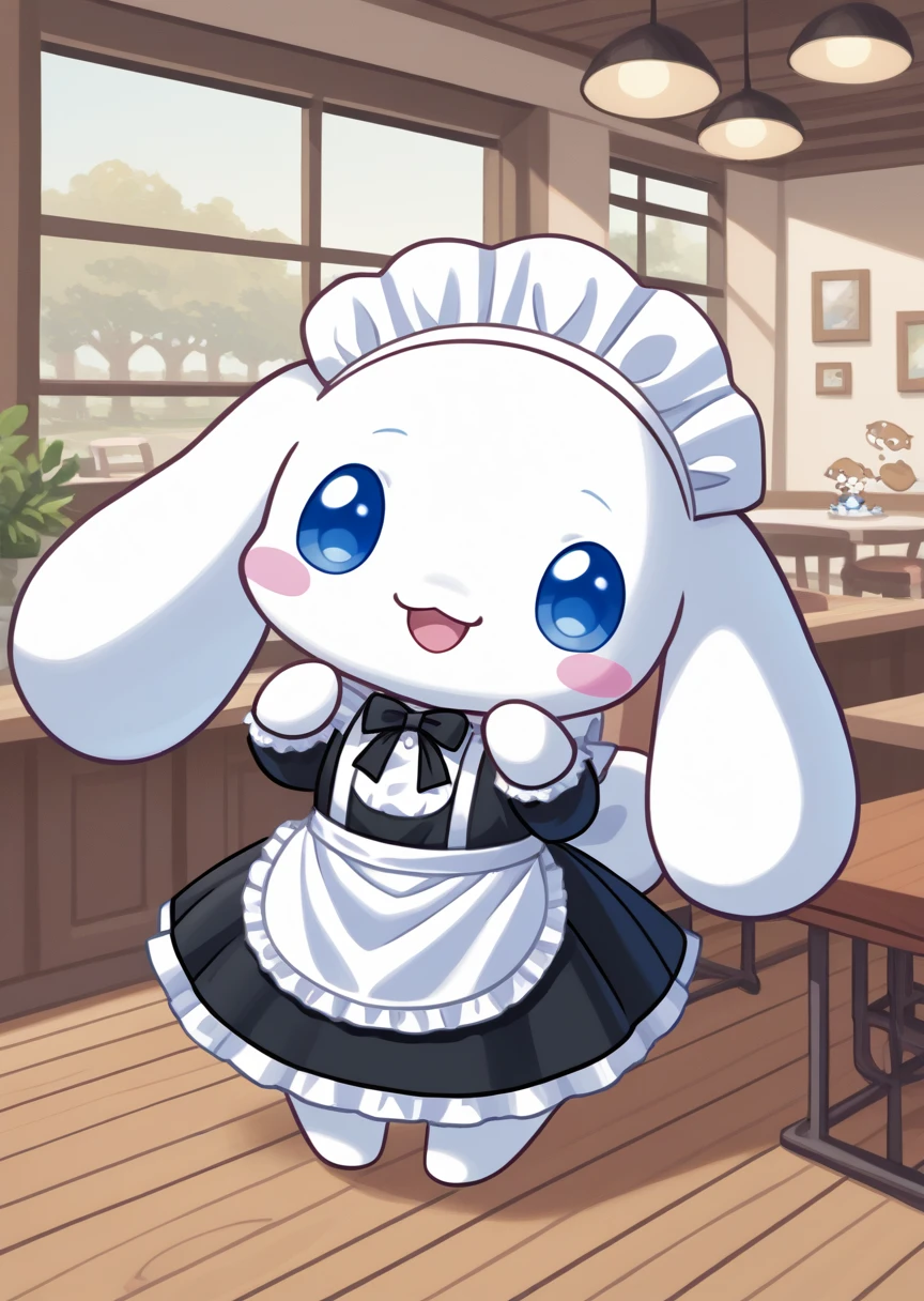 score_9, score_7_up, BREAK
source_anime, source_furry, Cinnamoroll, solo, looking at viewer, smile, open mouth, blue eyes, standing, :d, no humans, blush stickers, happy, cafe, cute, kawaii, chibi, long ears, white fur, maid uniform, maid headdress