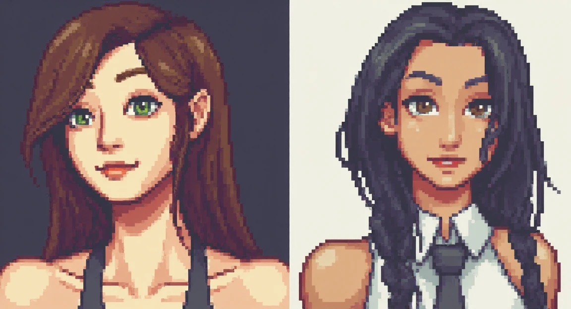 TimeFantasy, pixel art, on the left side a portrait of a woman's face and on the right side a full body image, <lora:TimeFantasy-000011:1>