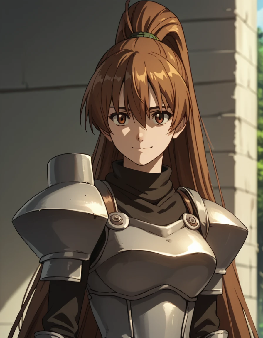 score_9, score_8_up, score_7_up, score_6_up, score_5_up, score_4_up, source_anime  <lora:AkamegaKill:1>, wide shot, soft smile Seryuu, brown hair, very long hair, brown eyes, high ponytail, armor,