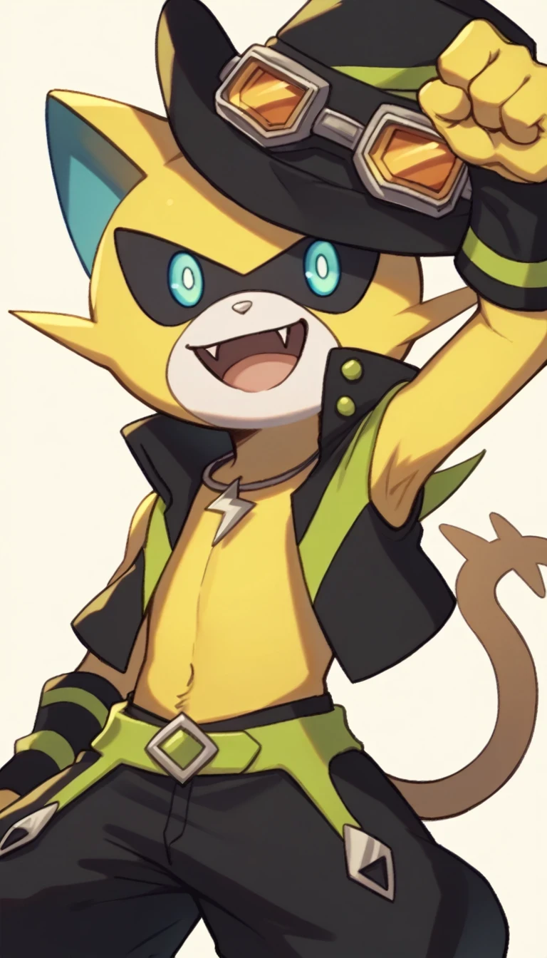 score_9, score_8, masterpiece, high quality, wild boy, yellow body, blue eyes, cat, cowboy hat, goggles, baggy pants, wrist sweatbands, 1boy, furry, furry male, solo, happy,, open mouth, fangs, simple background, looking at viewer, dynamic pose