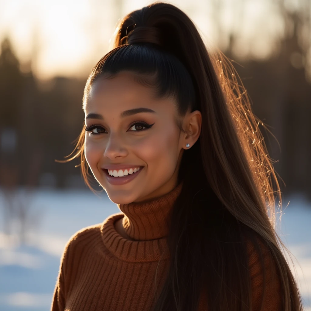 woman, light makeup, smiling. high ponytail, long hair, in the winter outdoors with silhouette illumination of her hair by evening sunlight. Taken with a ProPhoto iPhone camera