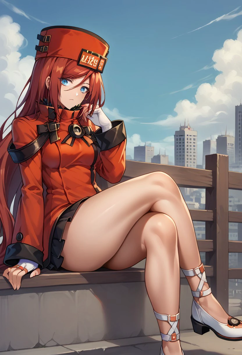 score_9, score_8_up, score_7_up, source_anime, good anatomy, 1girl, solo, MilliaRageXrd, red hair, very long hair, blue eyes, short red dress with white trim, high collar, military uniform, license plate, red hat with white trim, ushanka, white gloves, belts, bare legs, sleeves past wrists, shoes, sitting, crossed legs, on fence, city, blue sky, clouds