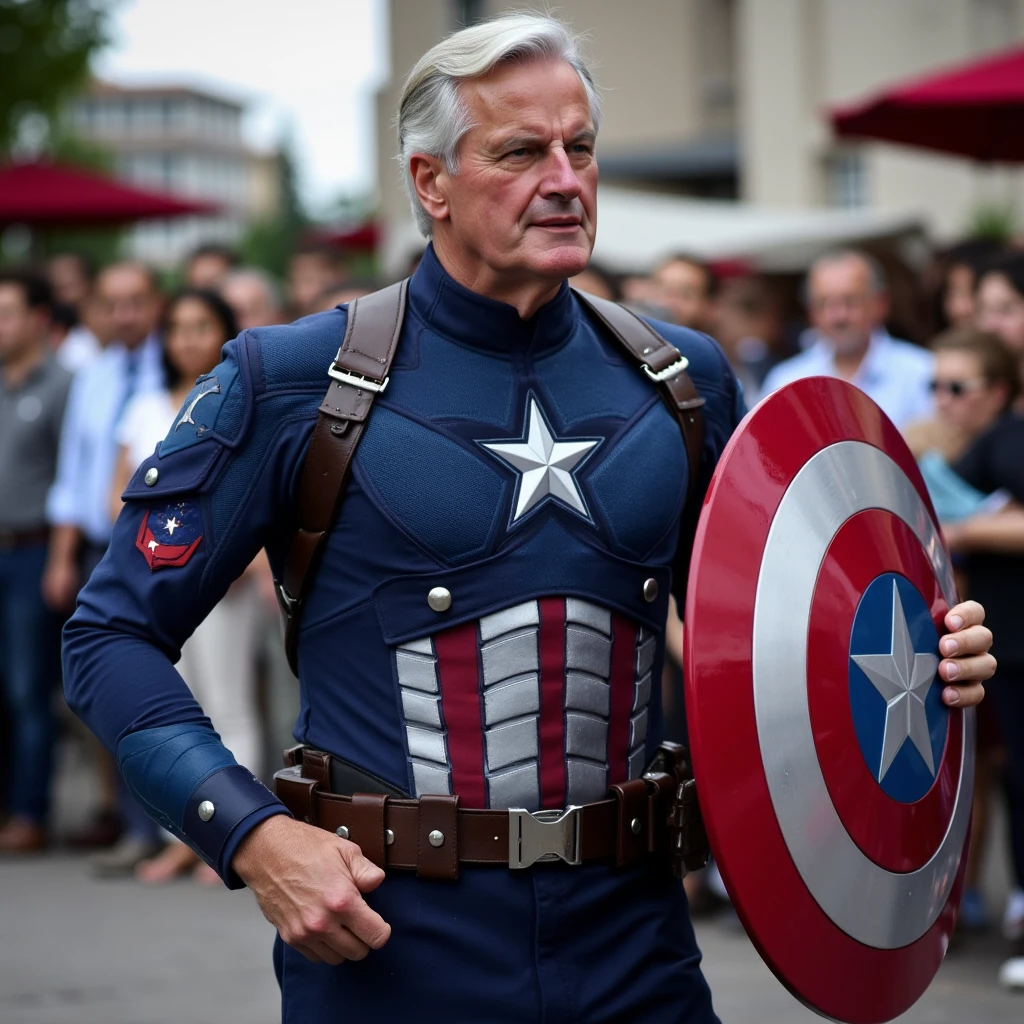 Michel Barnier as Captain america with shield