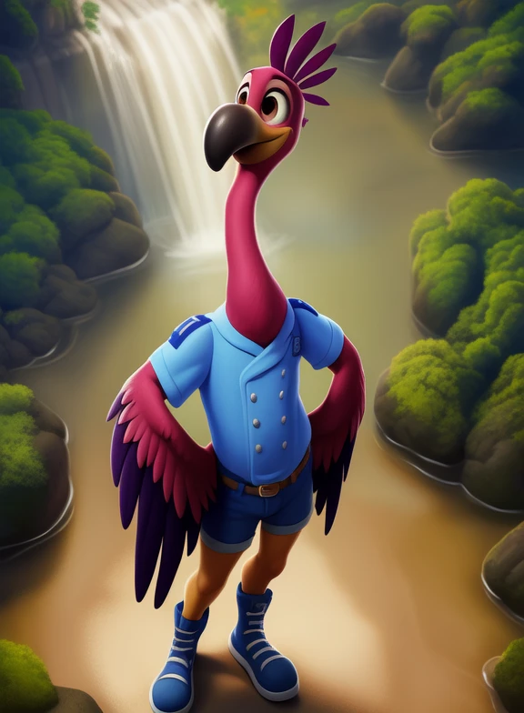 <lora:FreddyTinOneTraYif:1> FreddyTinOneTra, flamingo, bird, arms wings, brown eyes, yellow legs, yellow colyuv, coral pink, blue shirt, gray buttons, high-top dark blue sneakers, light blue cap,
[  solo, nature, forest, day, clouds, waterfall,  smile,] ((Hands on hips, standing, high-angle view,))
(beautiful, aesthetic, perfect, delicate, intricate, saturated colors), masterpiece, digital drawing, best quality,
by ulitochka, by taran fiddler, by Silverfox5213, by personalami,