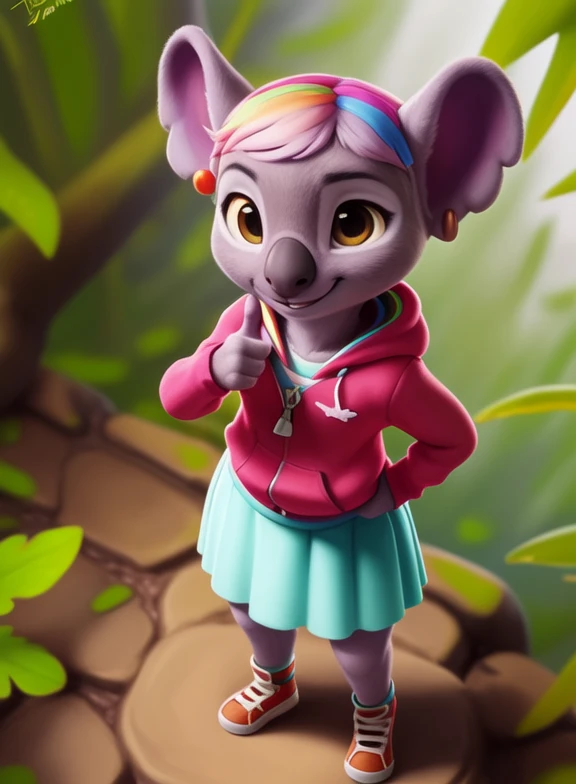 <lora:CaseyTOTSYif:1> CaseyTOTS, koala, light purple fur, (five  fingers, brown eyes, purple sweatshirt, light green skirt, earrings, rainbow socks, orange sneakers,  rainbow hairpin,) chibi,
[  solo, (nature), forest, day, clouds, waterfall,  smile,]  ((Hands on hips, standing, hand behind head, high-angle view,(thumbs up)))
(beautiful, aesthetic, perfect, delicate, intricate, saturated colors), masterpiece, digital drawing, best quality,
by ulitochka, by taran fiddler, by Silverfox5213, by personalami,