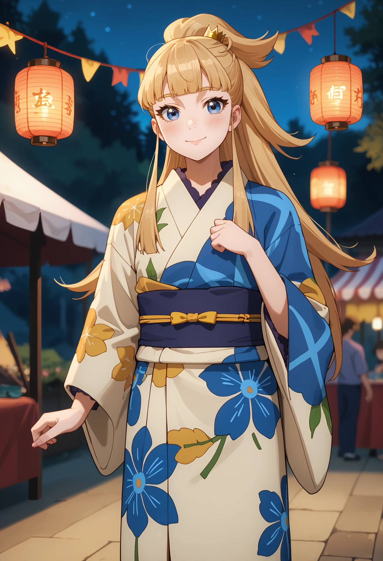 score_9, score_8_up,
<lora:KekkonYubiwaMonogatari_KrystalNovatyXL:0.9>,
1girl, solo, closed mouth, light smile, light blush,
ponytail, long hair, blonde hair, blunt bangs, blue eyes, mini crown,
multicolored kimono, print kimono, yellow kimono, blue kimono, purple sash,
standing, looking at viewer, cowboy shot,
blurry background, outdoors, summer festival, lantern, stall, night