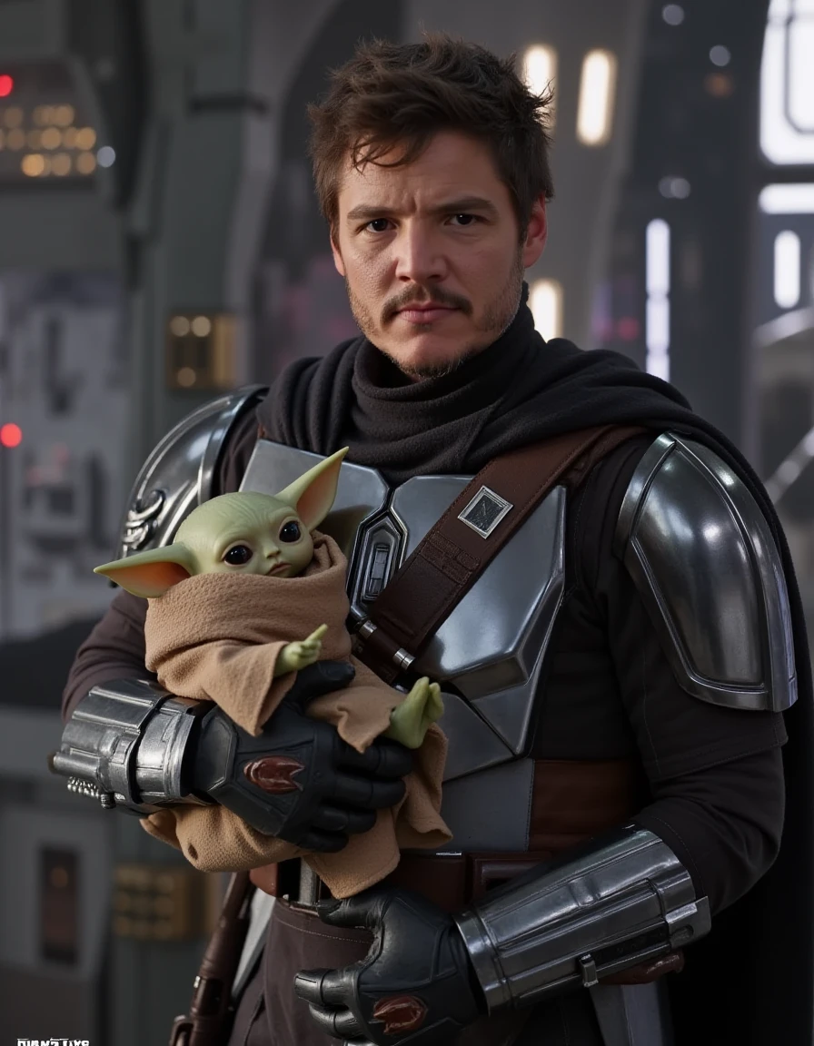 a photo of pedro pascal ,(visible face:1.3),wearing mandalorian armour without helmet,holding  yoda,standing inside a big spaceship,star wars,lucasfilm, <lora:Mando:1>