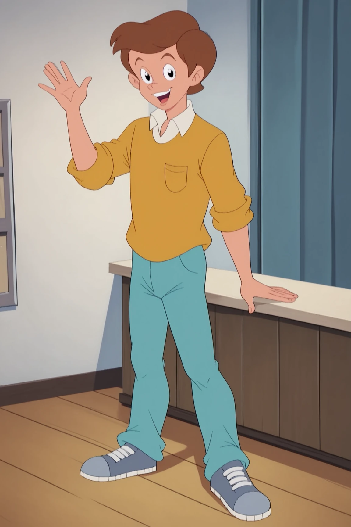 score_9, score_8_up, score_7_up, score_6_up, BREAK, TommySPLXL, retro artstyle, black eyes, brown hair, short hair, male child, pectorals, white collar shirt, yellow shirt, sleeves rolled up, blue pants, grey shoes, solo, full body, standing, waving, seductive smile, looking at viewer, indoors <lora:TommySPLXL:1>