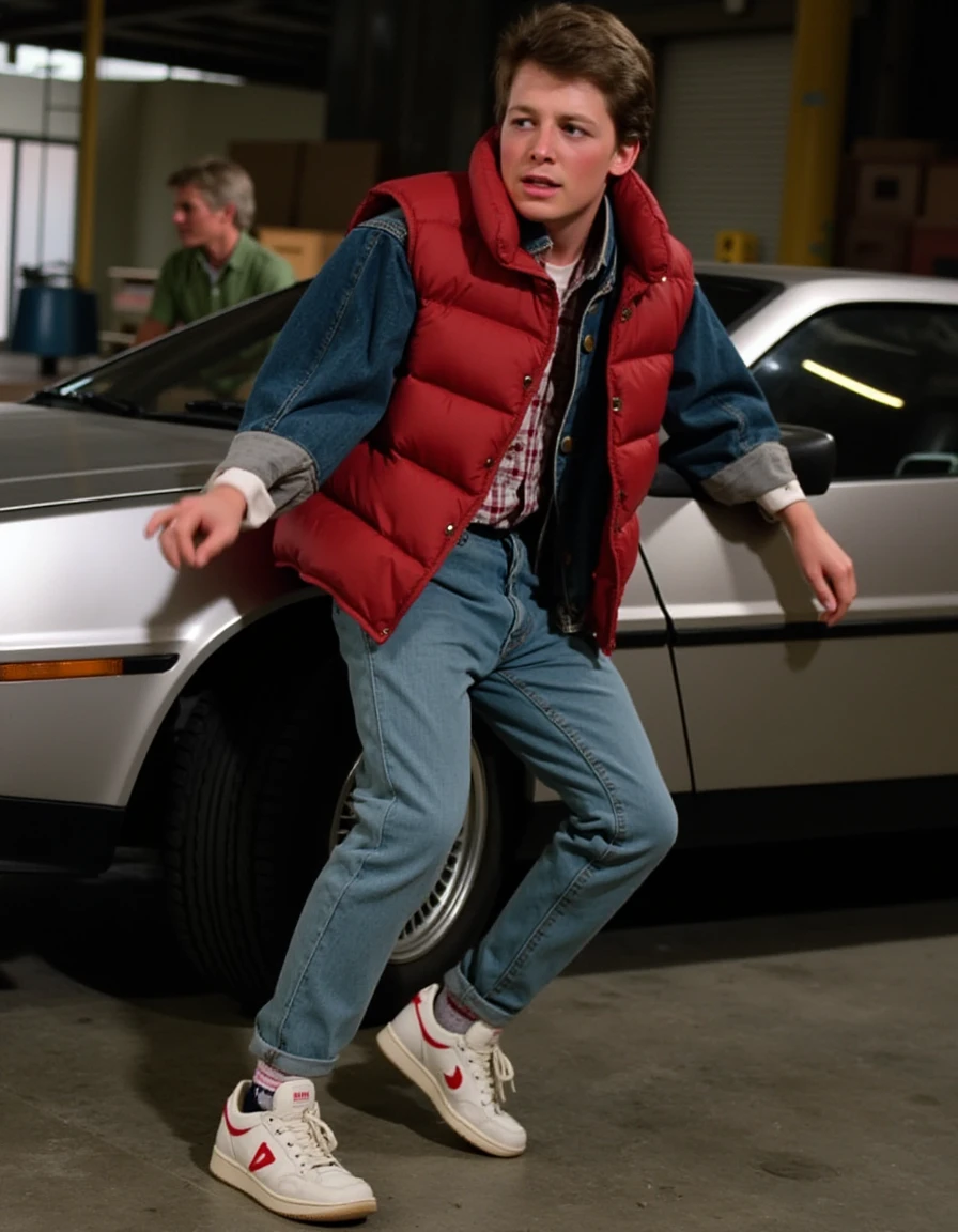 Marty McFly, casual 80s teen, wearing iconic red puffer vest, denim jeans, and white Nike sneakers, standing next to the DeLorean, retro-futuristic vibes, inspired by Back to the Future, energetic expression, vibrant colors, time travel excitement, cinematic lighting, hyper detailed.