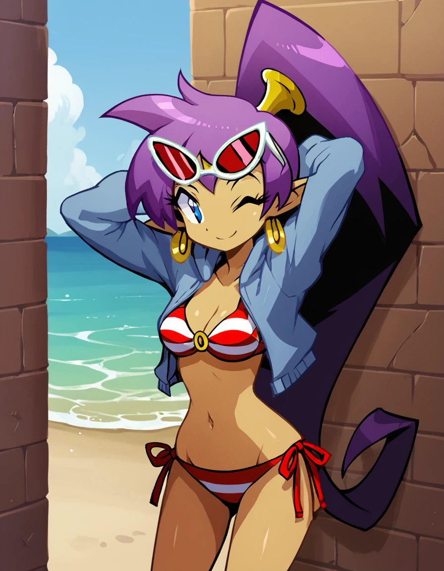 <lora:ShantaePony1.0:0.9> ,cowboy shot,  looking at viewer,standing, score_9, score_8_up, score_7_up, score_6_up, score_5_up, score_4_up ,Shantae, 1girl, shantae, swimsuit, dark skin, pointy ears, solo, bikini, jewelry, purple hair, blue eyes, breasts, one eye closed, hoop earrings, navel, ponytail, smile, striped, sunglasses, cleavage, medium breasts, striped bikini, side-tie bikini bottom, beach, red bikini, eyewear on head, ;\), jacket, arms behind head, arms up