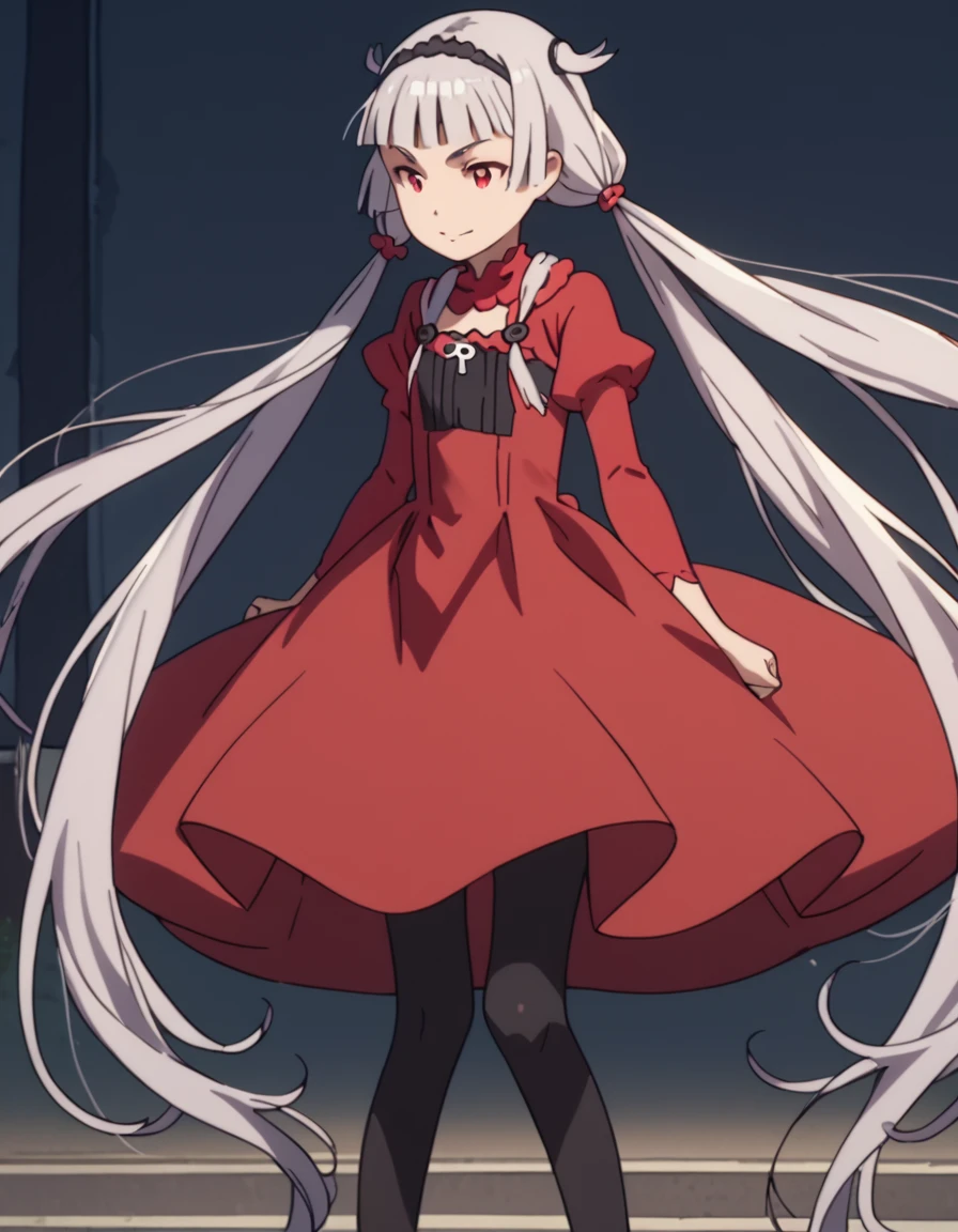 score_9, score_8_up, score_7_up, score_6_up, score_5_up, score_4_up, source_anime  ,  <lora:SekaiSeifuku:1>, solo, wide shot, soft smile Kate, very long hair, red eyes, twintails, grey hair, blunt bangs, hairband, black pantyhose, red dress,