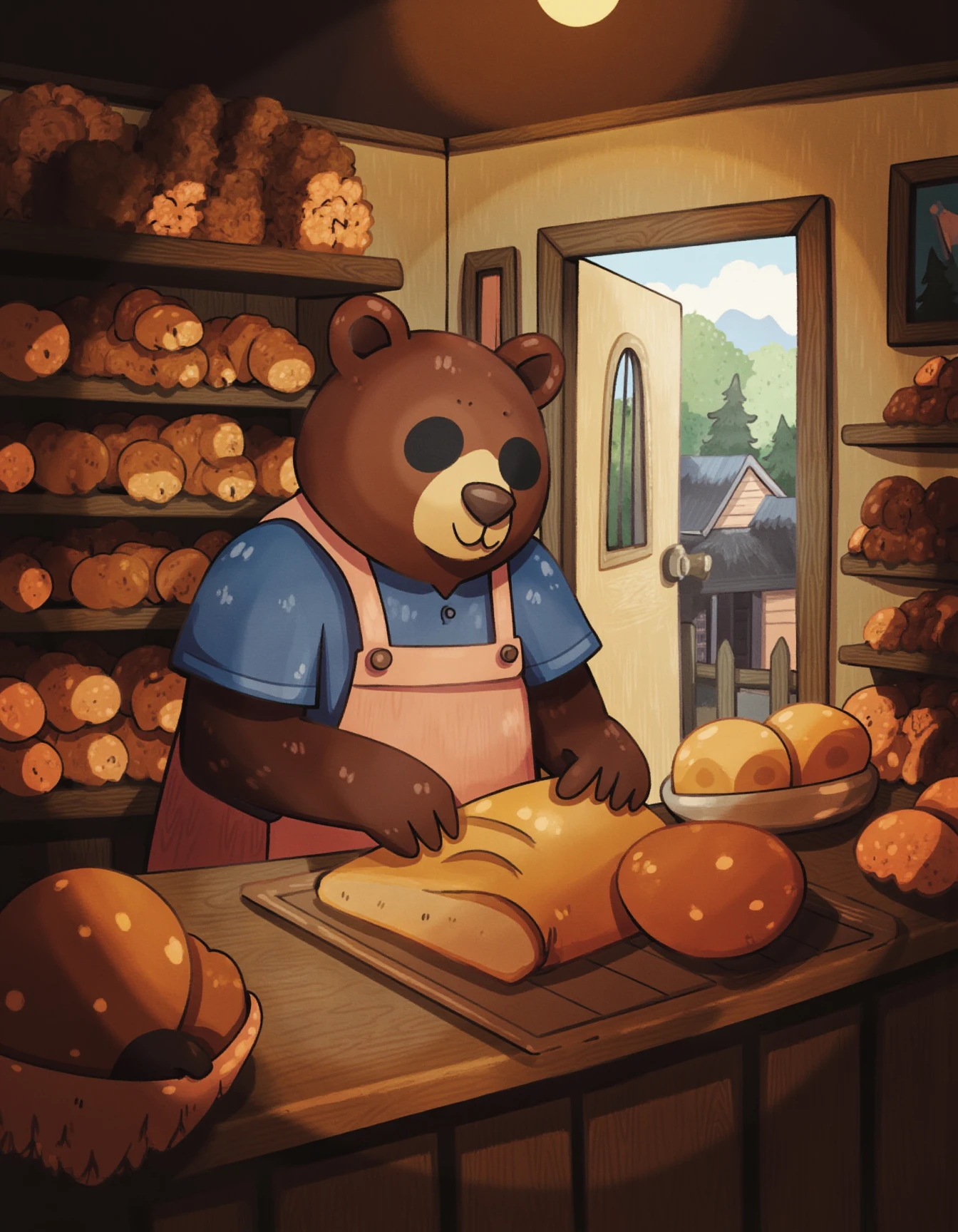 whimsyglo style image of a scene featuring a bear working in a cozy, rustic bakery. The bear wears a simple apron over a blue shirt and has a serious expression on his face. He is in the process of carefully slicing or handling a freshly baked loaf of bread on a wooden counter. The bakery is filled with a variety of baked goods, including loaves of bread, pastries, and rolls, all displayed in baskets and on shelves behind her. The room is bathed in soft, natural light streaming through a window and an open door, revealing a quaint village or small town outside. The atmosphere is warm and inviting, evoking a sense of homeliness and comfort. <lora:Whimsyglo style_epoch_19:1>