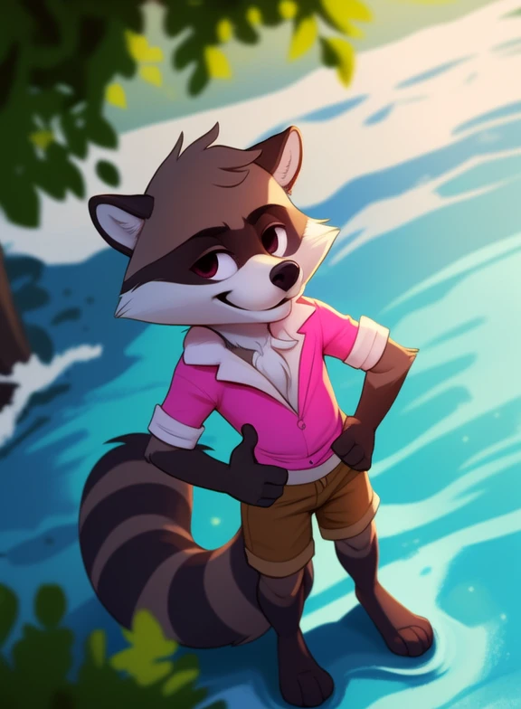 <lora:RenaldoTinTooLooYif:1> RenaldoTinTooLoo, raccoon, male, pink shirt, gray shorts, white sclera, gold earring, chibi,
[  solo, (nature), forest, day, clouds, waterfall,  smile,]  ((Hands on hips, standing, hand behind head, high-angle view,(thumbs up)))
(beautiful, aesthetic, perfect, delicate, intricate, saturated colors), masterpiece, digital drawing, best quality,
by ulitochka, by taran fiddler, by Silverfox5213, by personalami,