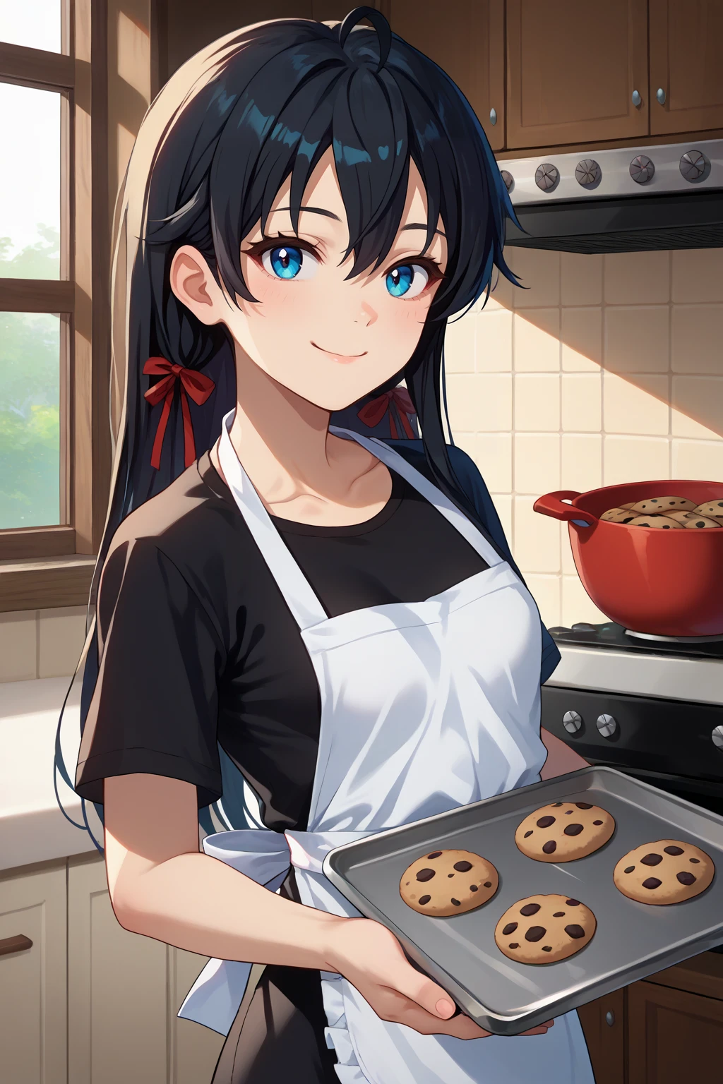 score_9, score_7_up, source_anime, cowboy shot, looking at viewer, smile, yno, small breasts, black hair, blue eyes, long hair, hair ribbon, red ribbon, black shirt, apron, indoors, baking, cookie, tray, oven, <lora:Hoseki_Oregairu_YukinoYukinoshita_PDXL_v1:1>