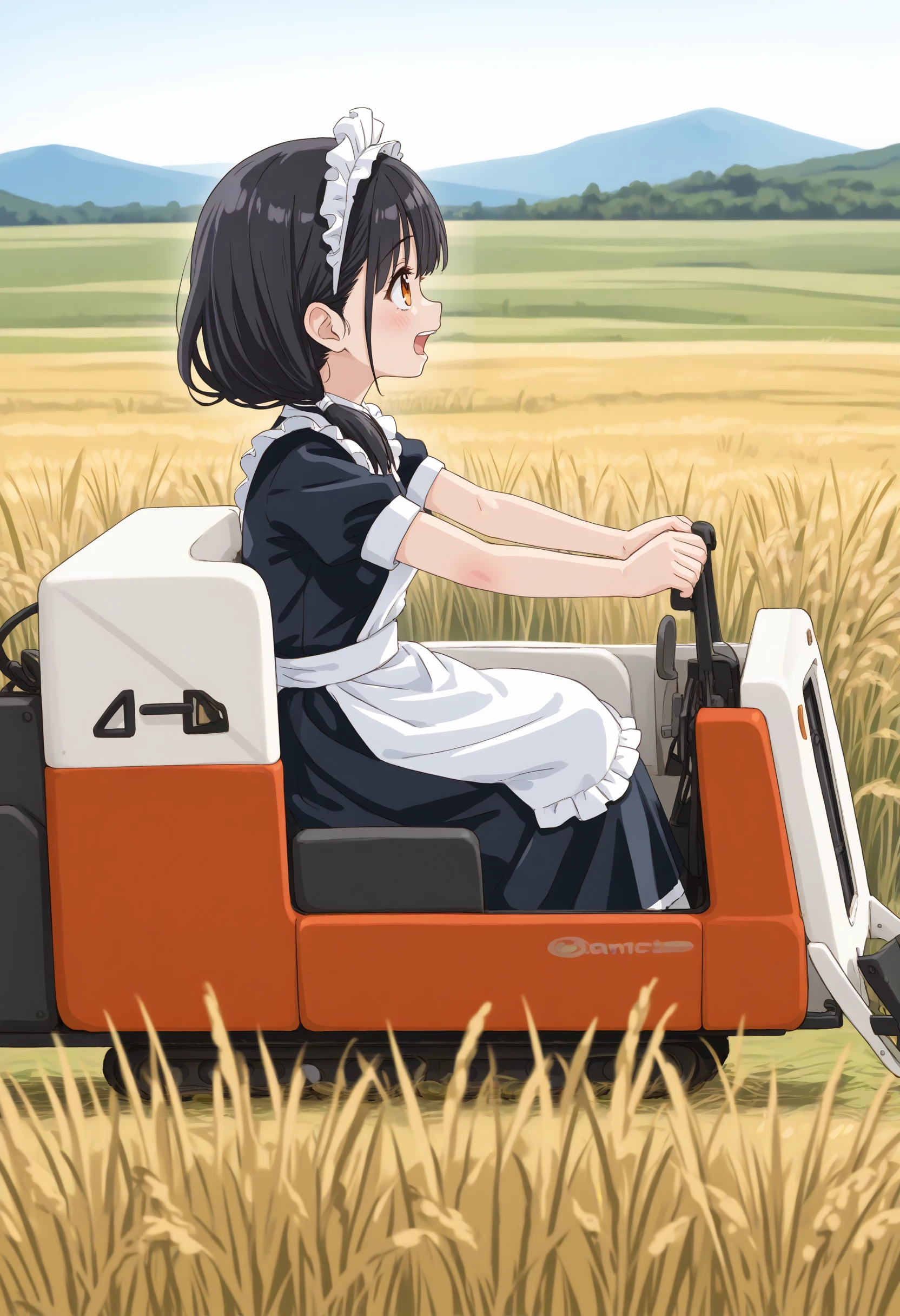 (masterpiece:0.7), (best quality:1.1),
(by sincos:0.5),(by ningen mame:0.5),(by toosaka asagi:0.5),
1girl,solo,medium breasts, maid, maid headdress,
combine harvester,ground vehicle,motor vehicle,grass,outdoors,day,sky,driving,sitting,field,short sleeves, skirt, wheat,wheat field,  <lora:combineharvester_XL_v2:0.7>
from side, portrait, looking up, black hair, orange eyes,grimace, open mouth, single hair,,