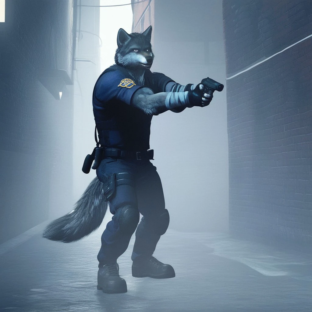 RE_Engine, solo, male, furry, wolf, long tail, police uniform, holding a hand gun, semi muscular, black fingerless gloves, hand on doorknob, opening a wooden door, dim street lamps, street alley, night