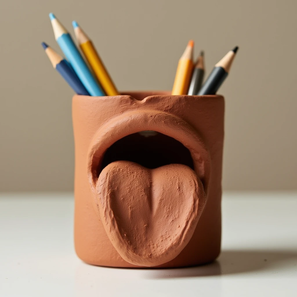 A photo of a brown clay sculpture which acts as a pencil holder or mug of a mouth with its tongue sticking out, the tongue is also made out of clay and has clearly visible marks made by the tools of the sculptor. The top half of the face is missing and is instead a pencil holder with pencils placed in it. <lora:concept_long_tongue_out_flux_1_standard-000017:1>