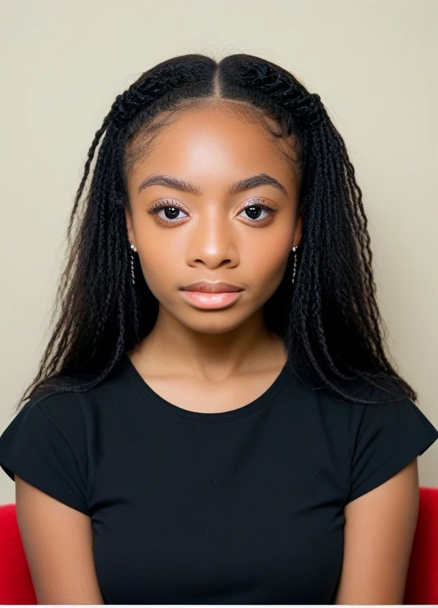 score_9, score_8_up, score_7_up, score_6_up, photo of(( <lora:Skai_Jackson_pony:1>, skaijackson )) ,  short 20 yo   (sophisticated top model) young black woman, playful and flirty expression, , wearing a conservative  crimson red vintage t-shirt , deisgner jeans ,  , set in a modern red carpet, with sleek furniture, minimalist design, contemporary touches, artistic decor, and stylish seating arrangements,  chestnut brown Fulani braids hairstyle, 1women, solo, perfect human anatomy, perfecteyes, black eyes,   slim thick thighs  ((medium perky breasts covered))  <lora:ah:.3>  , reij-4fn <lora:reij-style01:.6>