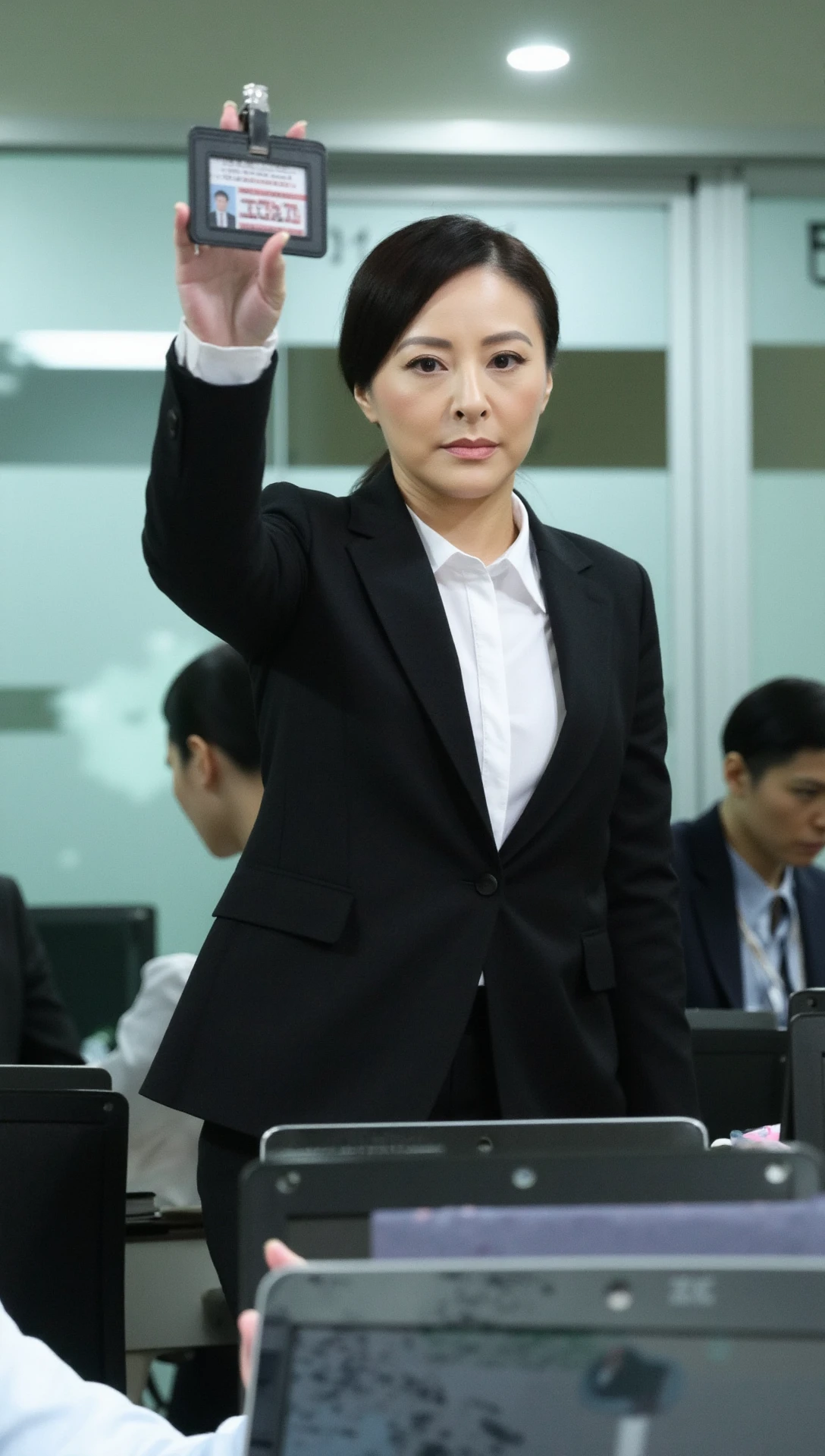 A  Hong Kong ICAC investigator raid a corporate office involved in money laundering. 

The office is modern, with glass walls and sleek furniture, laptops. 

The scene is dynamic, and the investigator directing the operation with a determined look.

The investigator is an old woman with huge breast and black hair in a black suit and white shirt.

She raise her hand and hold a name tga.