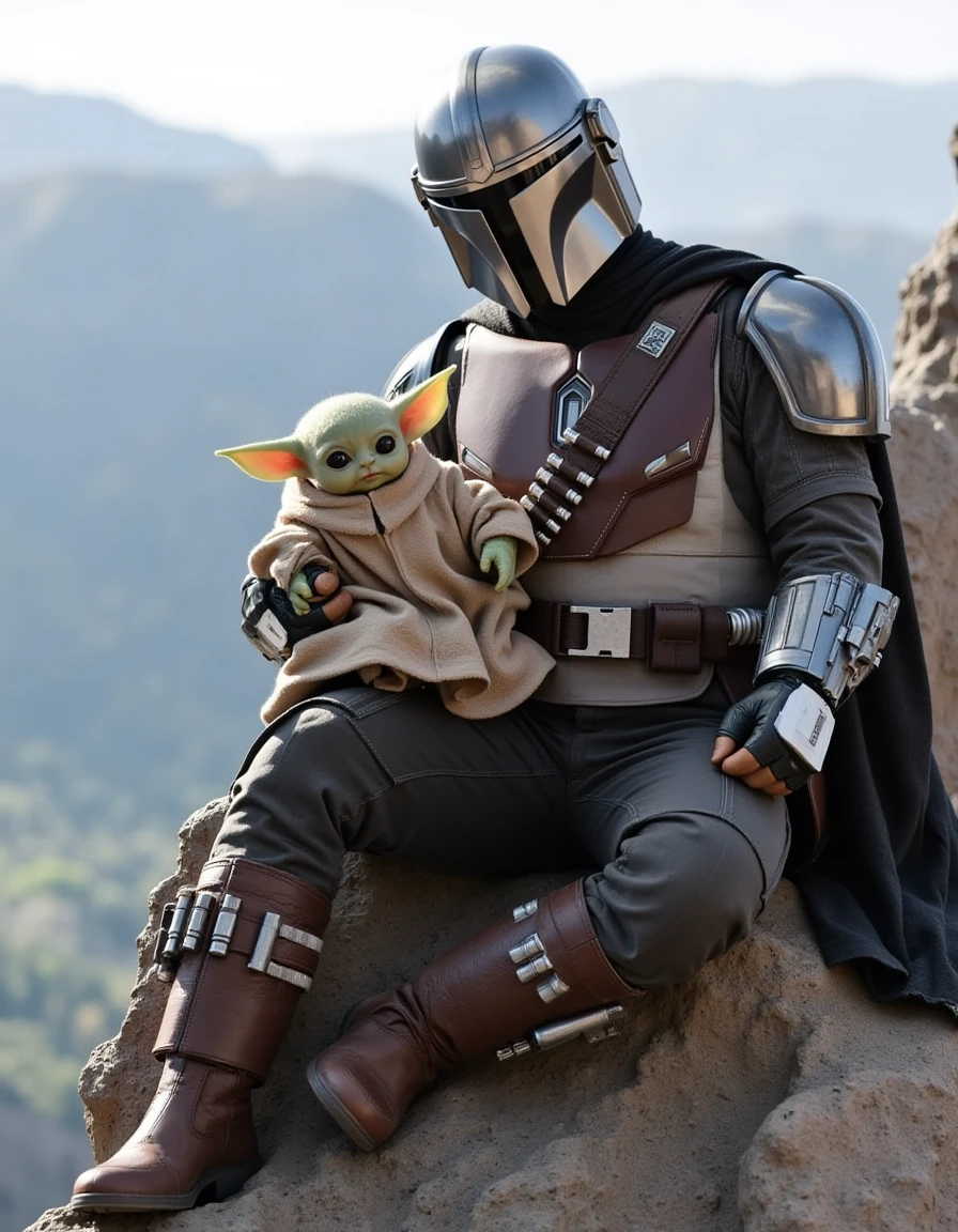 a photo of pedro pascal ,(visible face:1.3),wearing mandalorian armour without helmet,holding baby yoda,sitting at the edge of a cliff,star wars,lucasfilm, <lora:Mando:1>