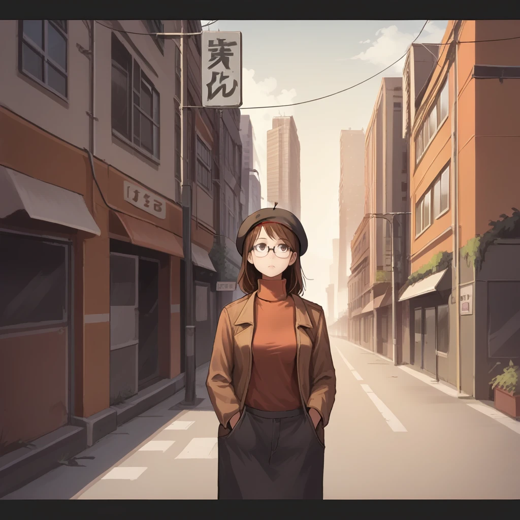 score_9, score_8_up, score_7_up, score_6_up, score_5_up, score_4_up, zPDXL2,source_anime,rating_questionable, 1girl, solo, cowboy shot, outdoors, daytime, urban, brown hair, glasses, beret, turtleneck, capris, city street, sunglight, <lora:Letterbox:1> letterboxed, large letterboxed