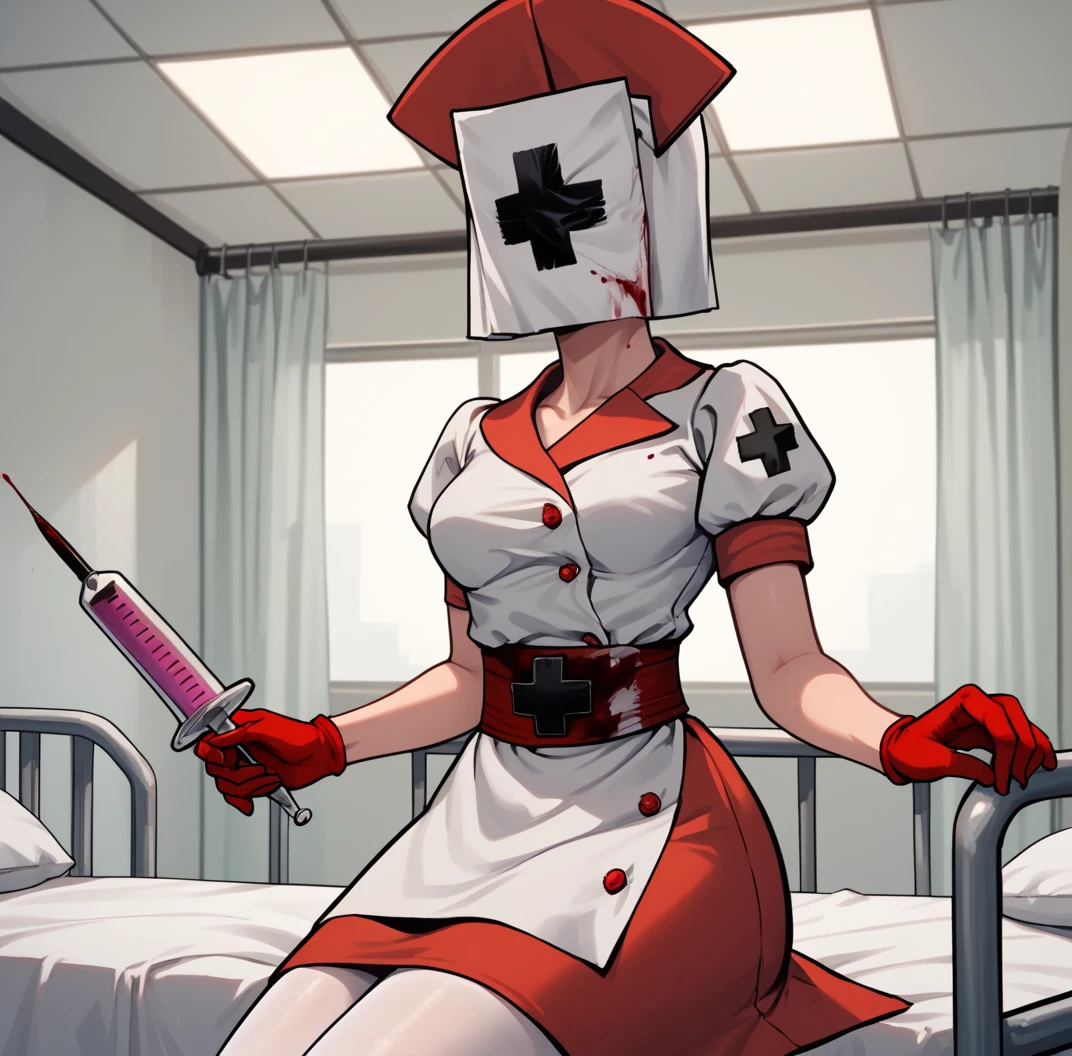 score_9, score_8_up, score_7_up, score_6_up, score_5_up, score_4_up, hud_r3aper_nrse, 1girl, solo, nurse, nurse cap, red gloves, blood on clothes, dress, short sleeves, belt, white pantyhose, giant syringe, <lora:hud_r3aper_nrse_XLP:1> , hospital bed,