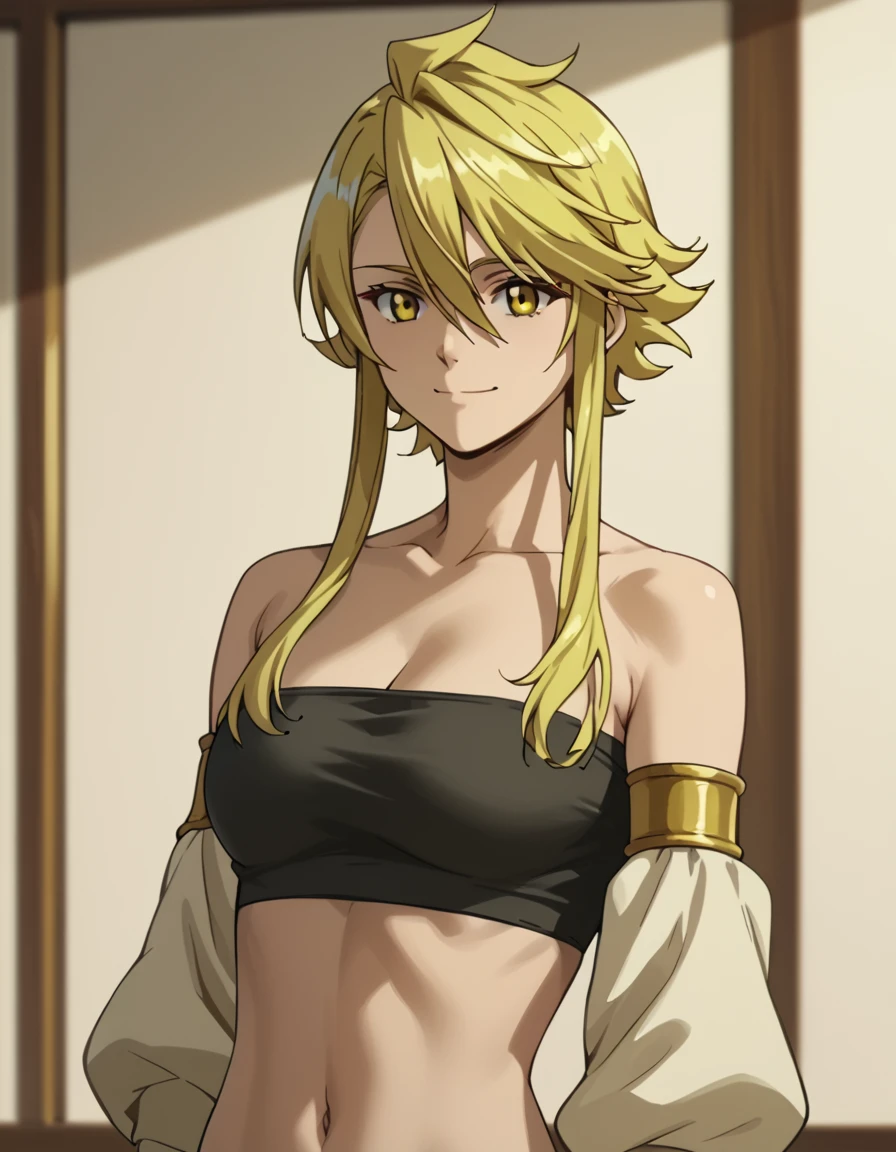 score_9, score_8_up, score_7_up, score_6_up, score_5_up, score_4_up, source_anime  <lora:AkamegaKill:1>, wide shot, soft smile Leone, blonde hair, yellow eyes, sidelocks, short hair with long locks, tube top, underwear,