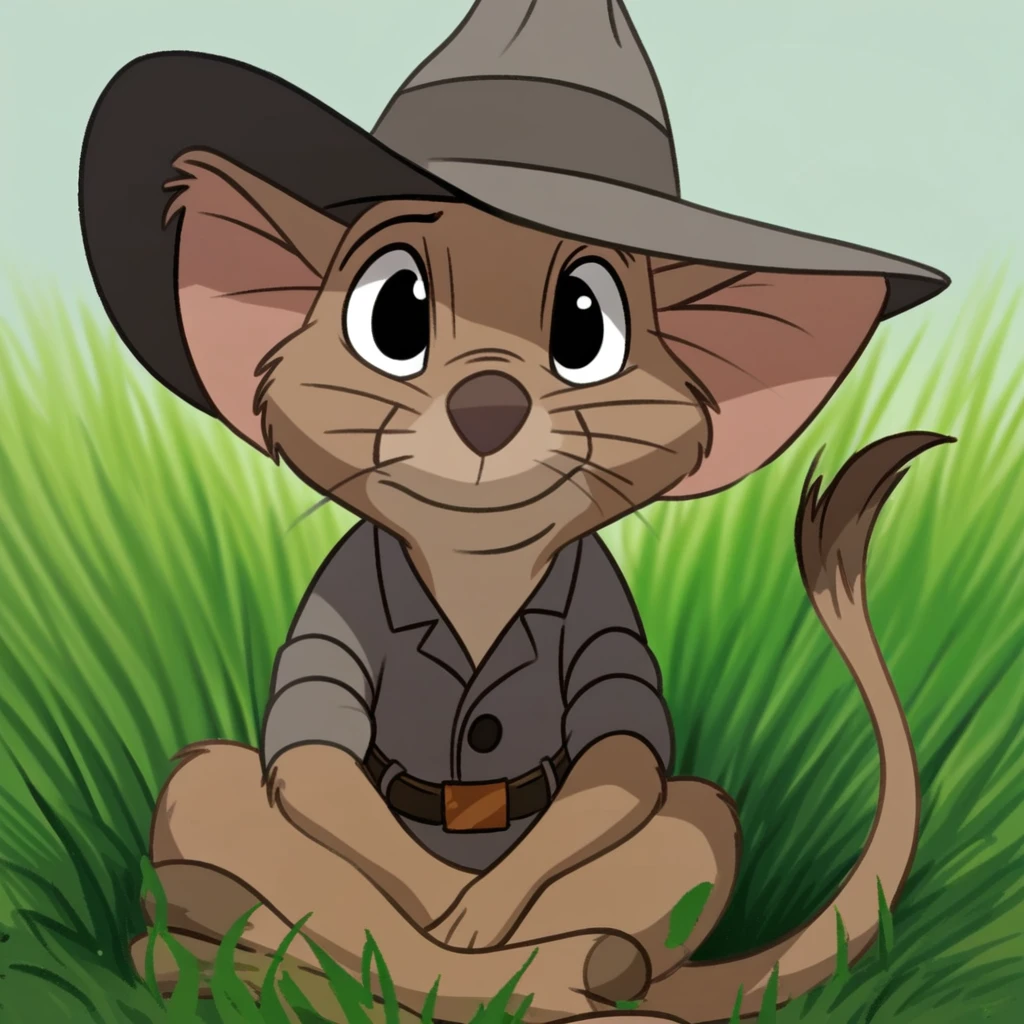 score_9, solo, jake_rdu, hat, black eyes, furry, belt, whiskers, tail, cute, sitting, grass, looking at viewer,