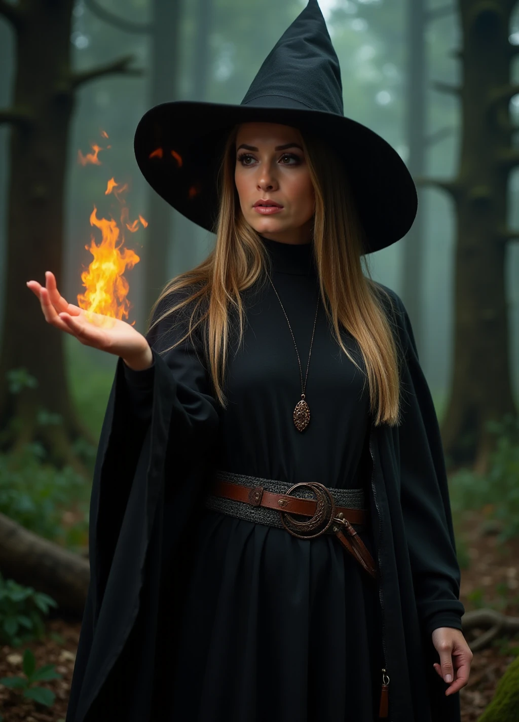 Piper is a woman dressed as a witch. she wears a turtleneck witch outfit. she is casting spells. fantasy scenery <lora:PiperV2:0.9>