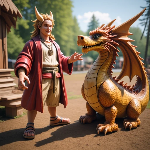 furry male, closed mouth, outdoors, smile, web address, pokemon (creature), wooden dragon figurine, colored sclera, robe, long hair, necklace, shorts