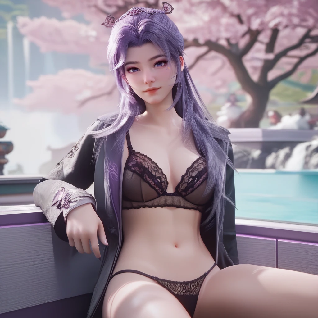 <lora:ponyyunxiao1:1>,score_9,score_8,score_7_up,yunxiao,3d,sitting,looking at viewer,purple hair,black lace bra,black panties,Peach Blossom Tree,