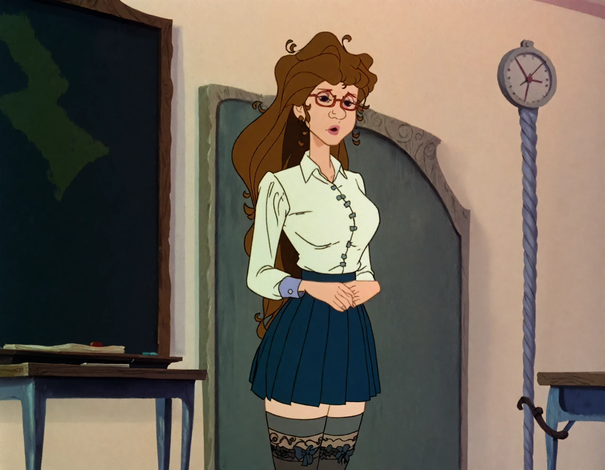 <lora:TheLastUnicorn_pony_v1:1> a frame from "the last unicorn", the scene shows Standing before the blackboard, the new asian teacher at school commands attention. Her attire, a crisp unbottened satin blouse paired with a pleated skirt, is accented by the subtle allure of (laced stockings), adding a touch of fragile femininity to her slender authoritative presence in the classroom. She is revealing her perky protuberant feminity, exposing long narrow calves, (narrow waist), and her gently protuberant skinny curves with fragile, yet authoritative and distiguished feminity.,, score_9, score_6_up, score_7_up