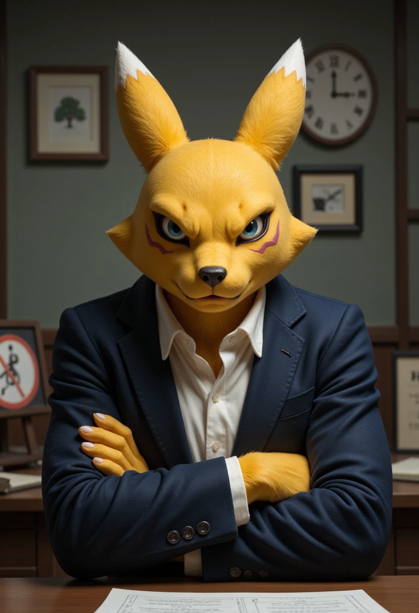 A photorealistic facial portrait of renamon, digimon with yellow fur,  angry, mad, upset, wearing a formal blazer and shirt, sitting at a desk with arms crossed. 